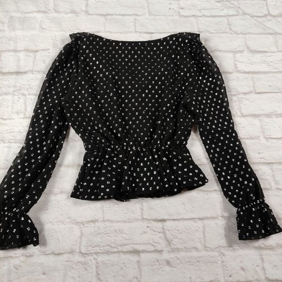One One Six womens puff long sleeve button up ruffled top black silver dot sz S - Picture 2 of 6
